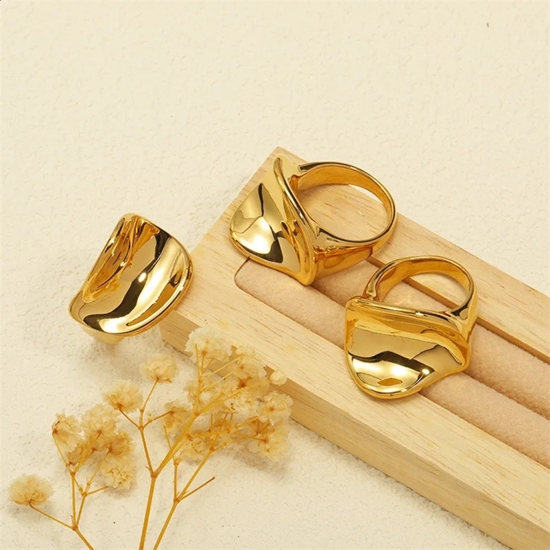Punk Style Irregular Geometric Signet Rings For Women Bijoux Vintage Gold Color Stainless Steel Bulk Jewelry Personality Gift 240125bj