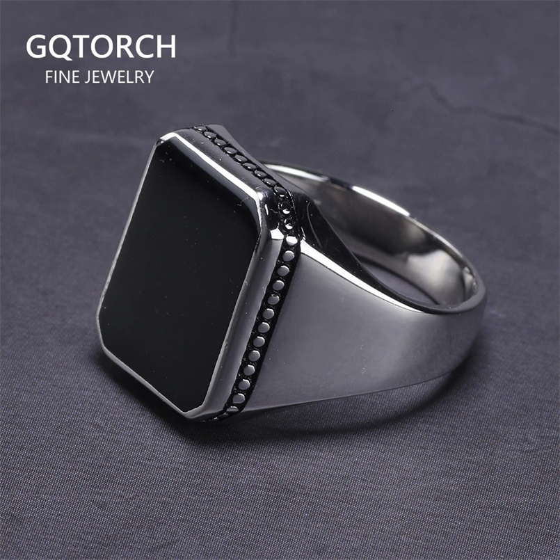 Real Solid 925 Sterling Silver Ring Simple For Men With Black Square Flat Gel Stone High Polishing Middle East Turkish Jewelry 240125