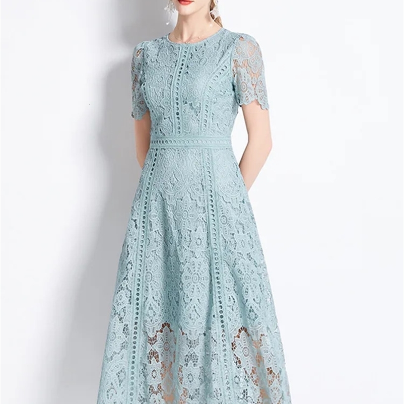 HMA retro high-end O-neck short sleeved lace hollow dress suitable for womens summer ultra-thin elegant long skirt womens clothing 240824bj