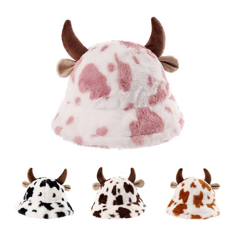 Autumn and winter new cow horn fisherman female print Korean fashion plush thickened warm basin hat ddmythur