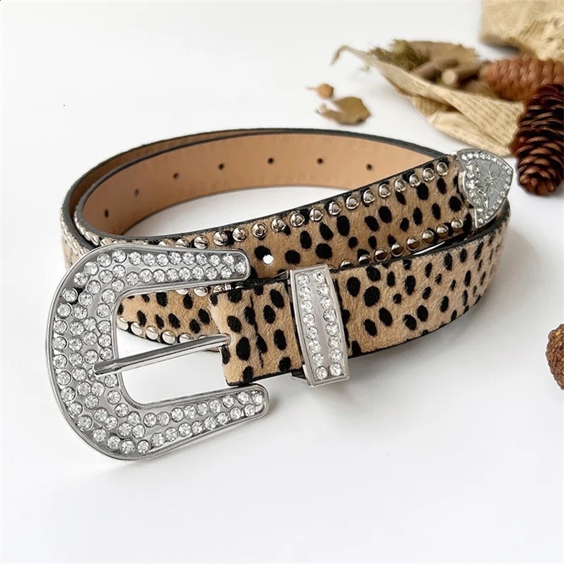 Womens Jeans Rhinestone Large Size Belt Western Denim Shiny Rivet Leather HipHop Punk Rock Y2K Style Belt 250430