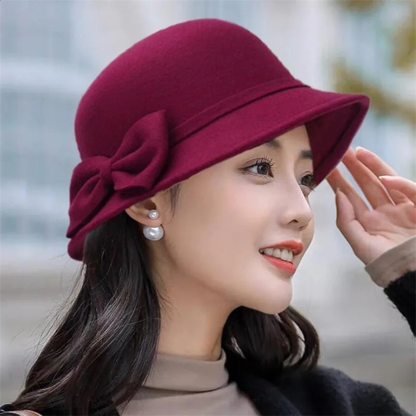 Autumn Winter Fedoras Women Hat Elegant Vintage Bowknot Wool Ladies Hat Dome Felt Wedding Church Jazz Cap Female Bow Bowler 250521