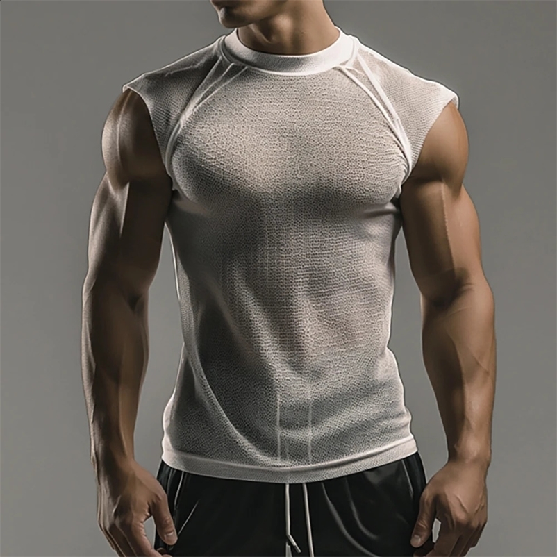 Sexy Mens Tank Top Fashion Streetwear Sheer Mesh Sleeveless Vest For Men Summer Tight Breathable Clothing Solid Color Male Tops250514bj