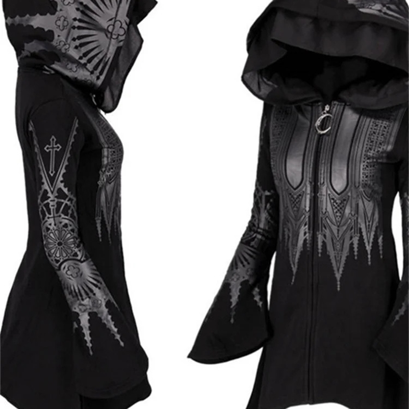 Street Goth Punk Style Black Long Hooded Top Harajuku Retro Dark Grunge Y2K Printed Sweatshirt Autumn/Winter Womens Top240813bj
