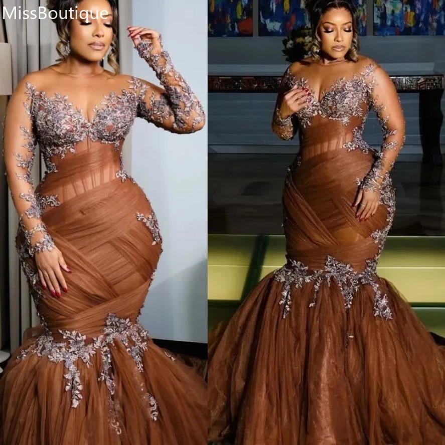 2025 Plus Size Brown Illusion Mermaid Prom Dresses For Special Occasions Lace Tulle Evening Party Birthday Gowns Dress For Women Vestidos de novia 0