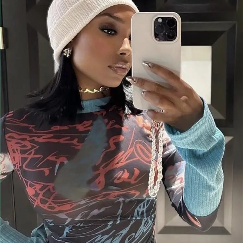 Joskaa Print Mesh T-Shirts Women Sexy See Through O-Neck Long Sleeve Tops Fall Winter Graphic T Shirts Harajuku Streetwear 250122