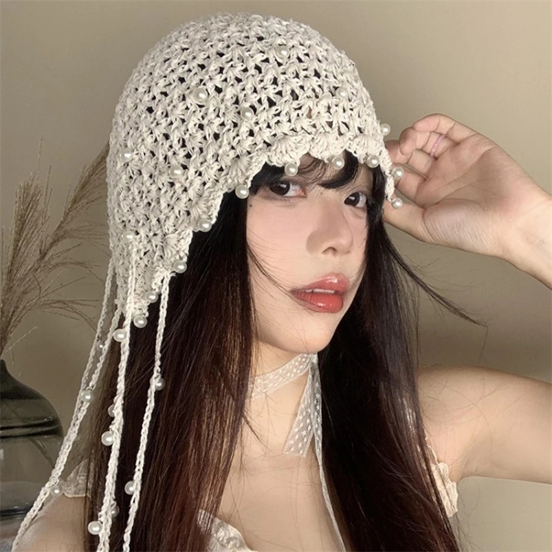 Ins Fashion Hollow Pearl Fringed Pendant Pullover Hats Women Summer Outing Versatile Retro Princess Style Knitted Beanies Cap 240715