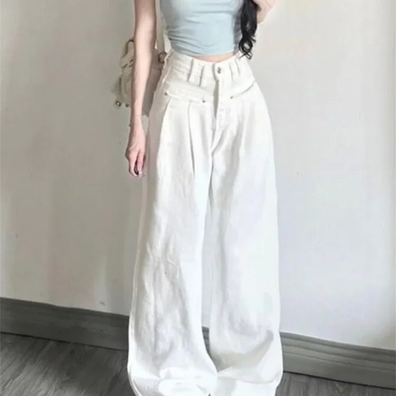 Womens Y2K Baggy White Denim Trouser Washed Vintage Casual Japanese Emo Pants Simple Street Retro High Waist sweet Jean 241223