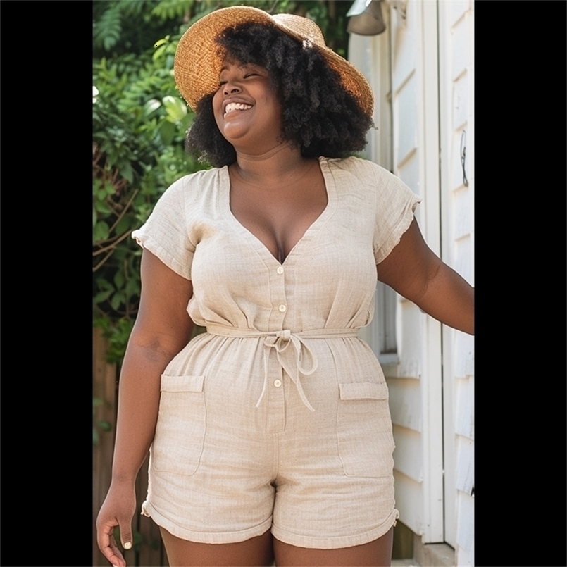 Plus Size V Neck Jumpsuit Sexy Womens Jumpsuit Sleeveless Summer Tight Casual Khaki V Neck Short Sleeve Linen Jumpsuit 250318