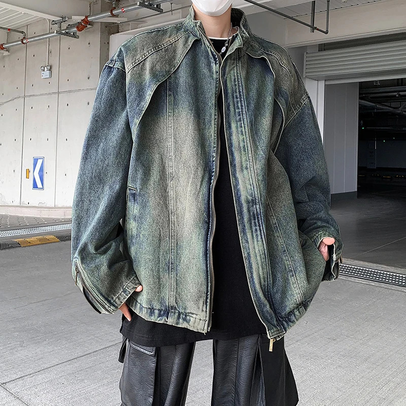 Retro Yellow Mud Distred Looses Fit Casual Zipper Denim Coats Spring Mens Faionable Stand Collar Top Jaqueta Motociclista 250922