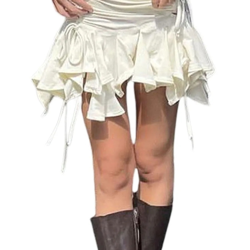 Women Solid Color Gothic Punk Irregular Skirts Summer Fashion Drawstring Tie-Up Ruched Ruffles Mini Skirt Black/White250324bj