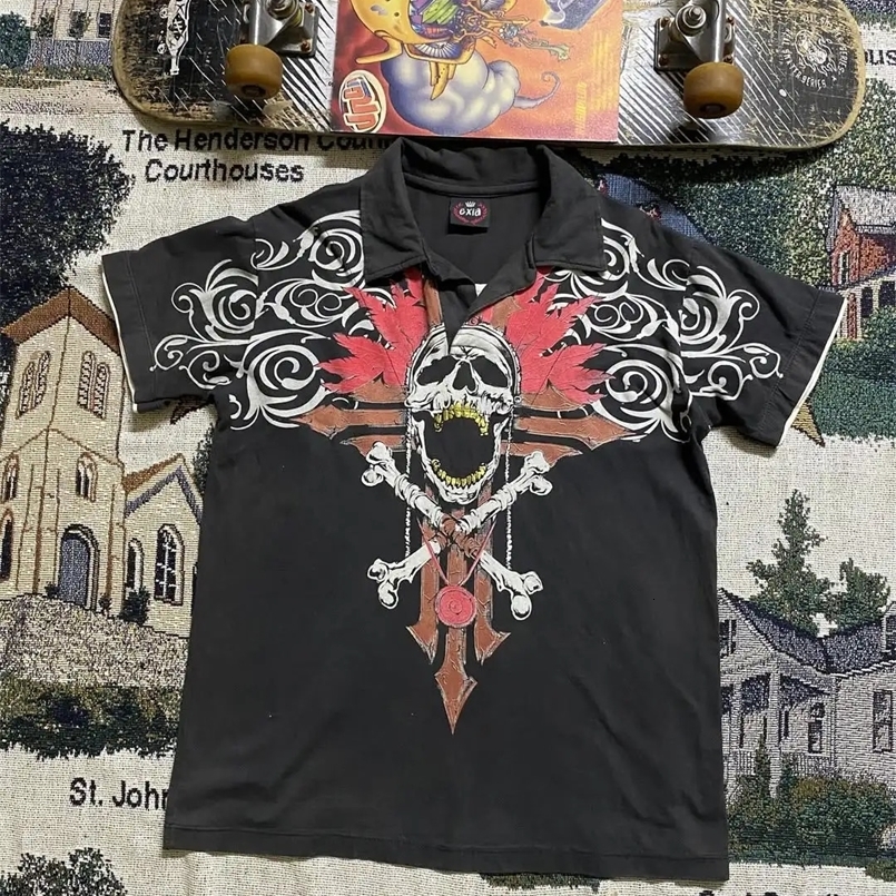 Y2K American Retro Short Sleeved T-shirt Gothic Style Shirt Summer Casual Versatile Lazy Style Loose Polo Collar Shirt 250411