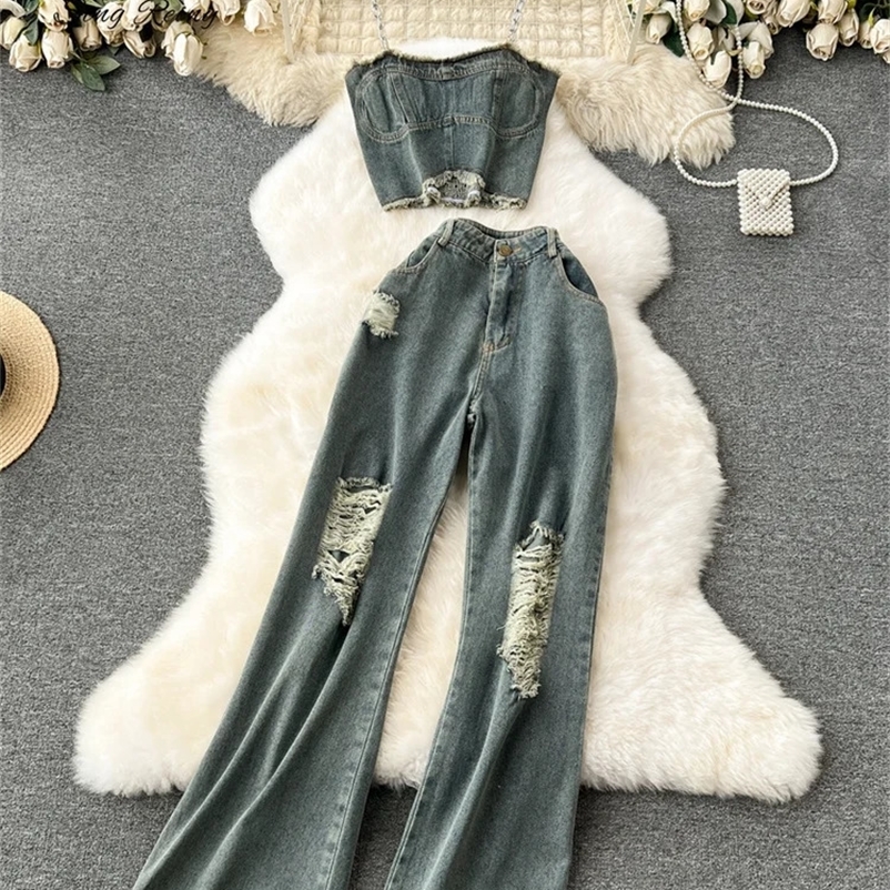 SINGREENY Womens Retro Denim Set Sleeveless Short Chain CamisTear Wide Leg Pants 2024 Fashion Street Clothing Sweetheart Set 241206bj