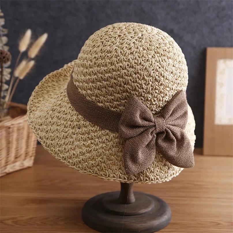 Womens Summer Panama Handmade Straw Hat 9CM Brim Bow Korean Version Sun Cat Casual Beach Travel Foldable Dome Fisherman Cap 240423