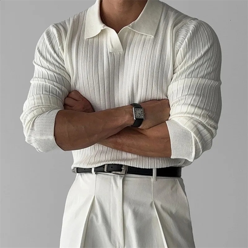 Autumn clothing mens lightweight V-neck knitted jacquard polo shirt solid color long sleeved Korean casual knitting 250122