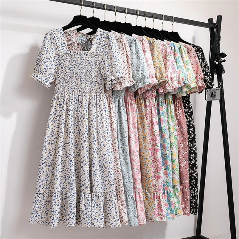 Summer pleated womens chiffon dress casual beach holiday short sleeved square neckline womens Midi dress Bohemian unprinted Vestidos250425bj