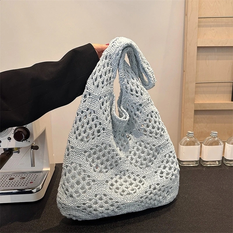 Hollow Woven Knitted Shoulder Bags Retro Travel Shopping Tote Messenger Bag Large Capacity Women Crochet Bag Girls 250327bj