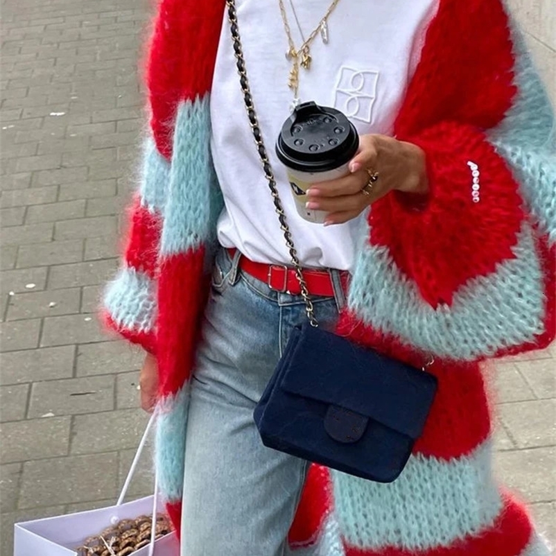 Long Knitted Cardigan Women Casual Striped Sweater Autumn Winter Vintage Loose Maxi Cardigan Lady Elegant Street Jacket Knitwear 240727