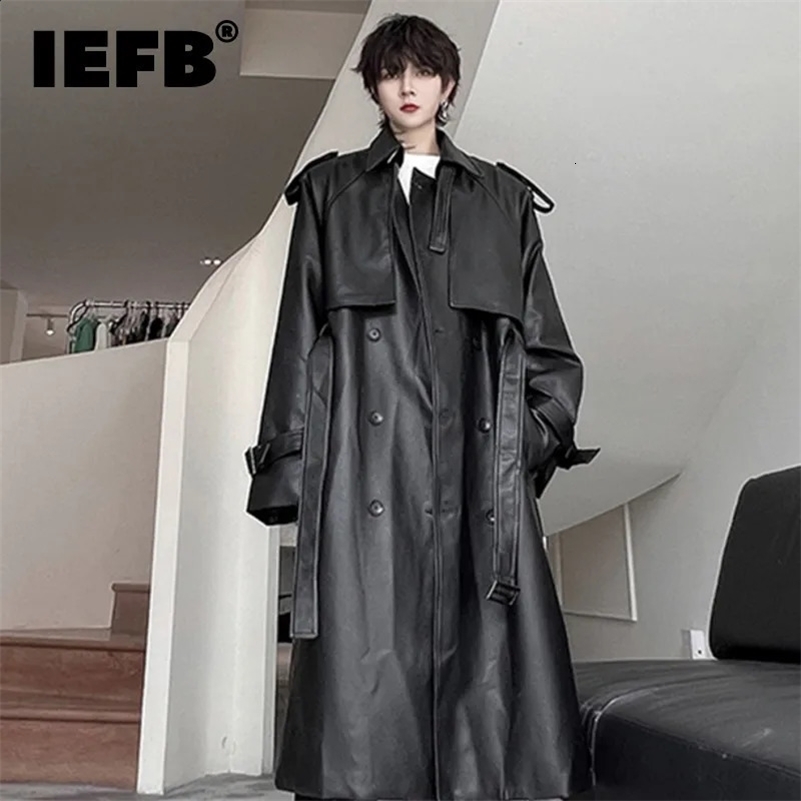 IEFB Mens Long Coat Mid Length Leather Trench Safari Style Niche Premium Streetwear Trend Male Pu Windbreakers 9C2027 241010