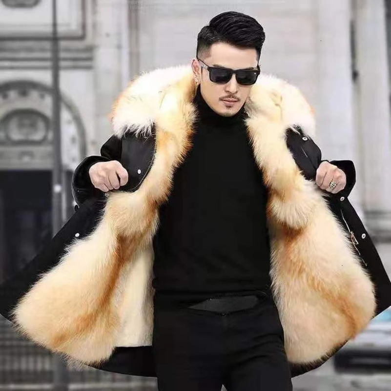 Artificial fur coat loose coat thick mens plush coat fox fur lining detachable collar long fur park fur leather jacket 241113
