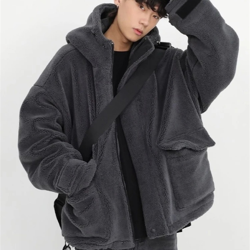 Gmiixder Winter Fur Coat Oversize Cashmere Mens Zipper Up Dark Gray Coat Unisex Hip Hop Hooded Plush Padded Jacket 241227