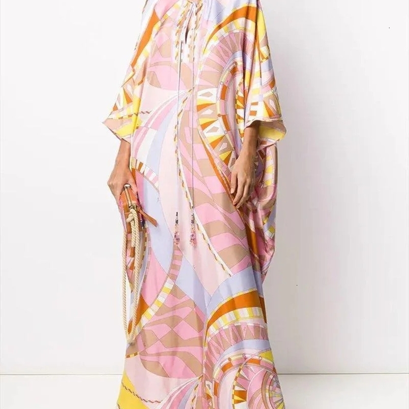 Summer Europe And The United States Plus Fat Loose Printed V-neck Long Skirt Holiday Style Dress 250326
