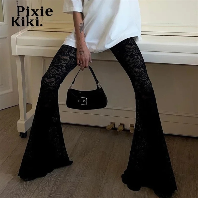 PixieKiki See Through Black Lace Sexy Pants Elastic High Waisted Flare Pants Women Trend Bell Bottoms Street Wear P67-CB22 250226