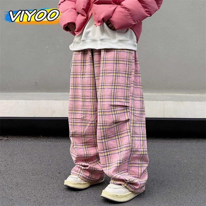 Mens Pink Vintage Oversized Plaid Pants Summer Baggy Wide Leg Pants Drawstring Y2K Streetwear Trousers Japanese Korean Clothes 240823