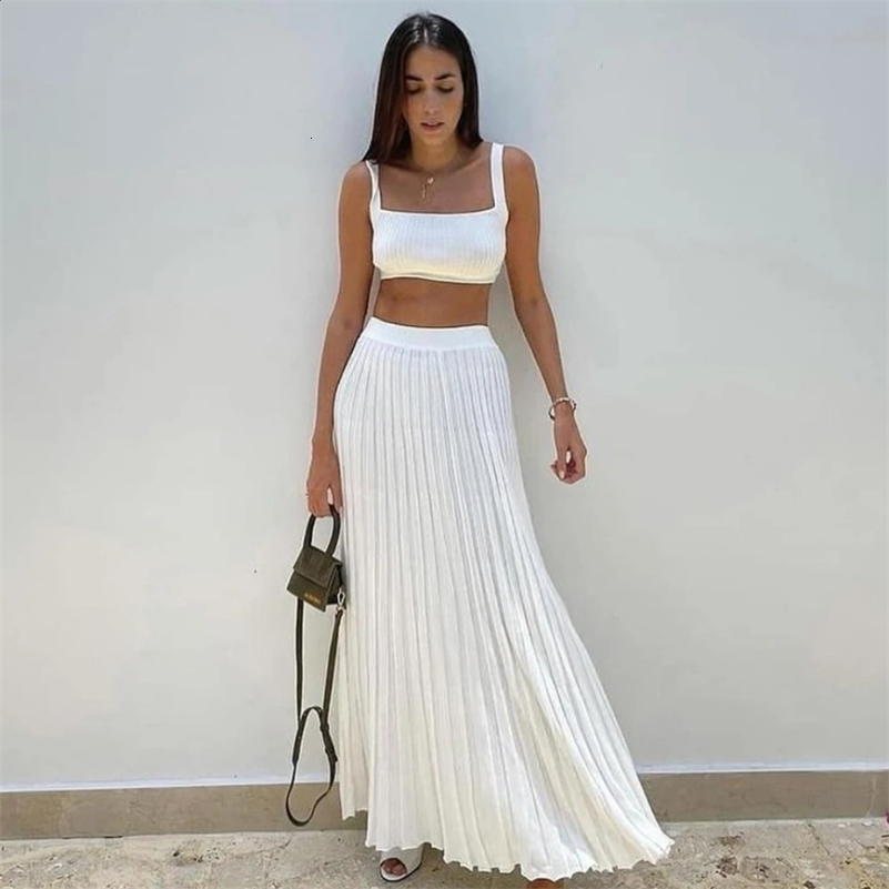 Elegant Knitted Skirt Set Women Crop Top and Maxi Skirt Outfits Summer Casual Solid Bohemia Holiday Beach Two Piece Set 2024 250121