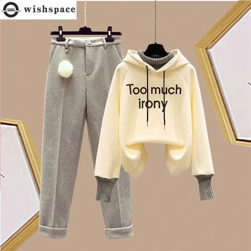 Autumn Winter Korean Sports Hoodie Flocked Woolen Pants Two Piece Elegant Womens Pants Set Student Sports Suit 240820
