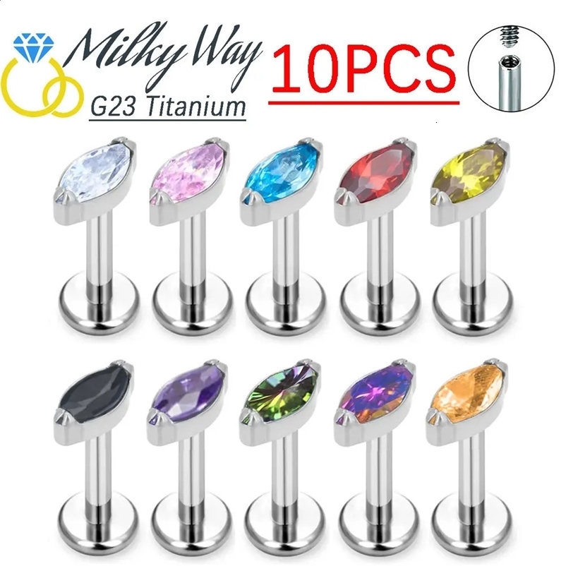 10PCS G23 Ear Stud Colorful Zircon Stone Nose Rings Labret Lip Ear Tragus Nariz Piercing Sexy Body Jewelry Wholesale 250107bj