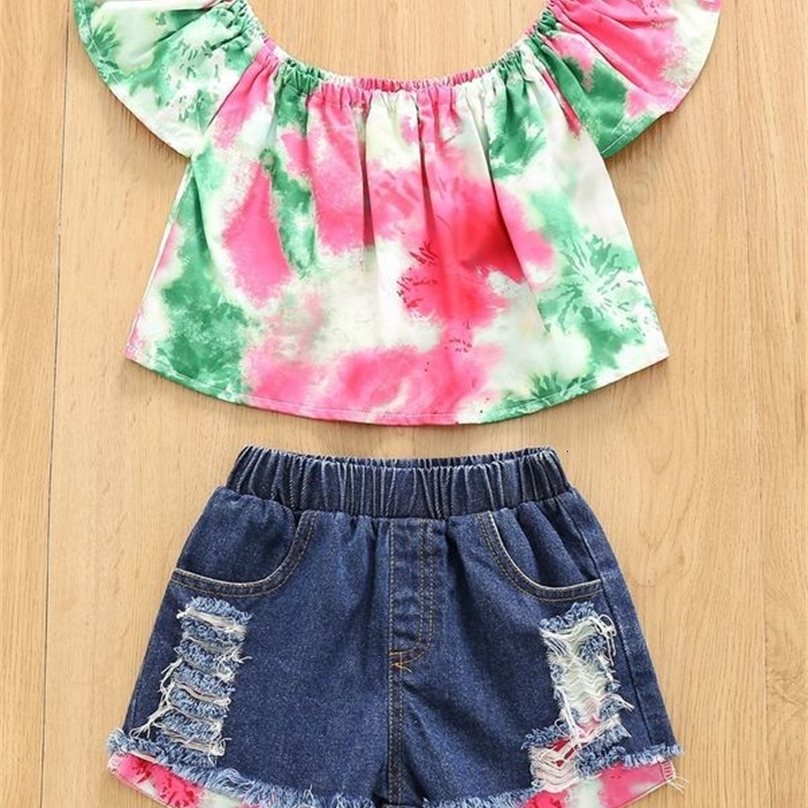 Toddler Girls Tie Dye Tee & Ripped Denim Shorts & Headband SHE