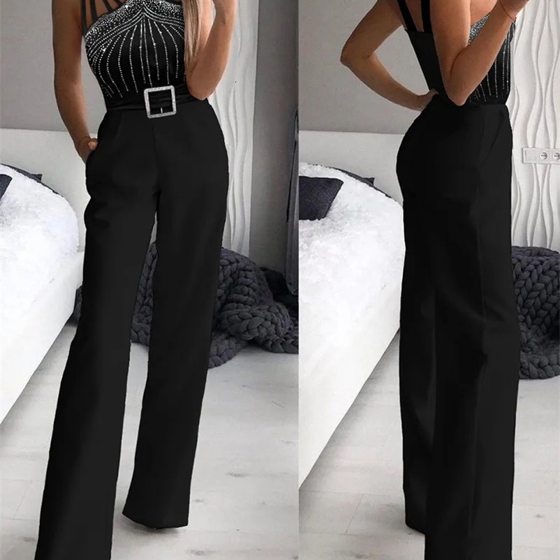 Sexy Bodysuits Female Black Mock Neck Mesh Sequins Sleeveless Jumpsuits Outfits Elegant Jumpsuit Womens Evening Jumpsuits 240306