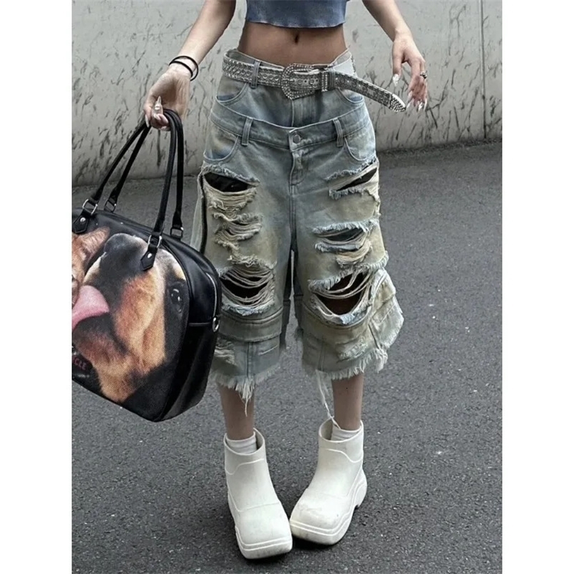 Jeans strappato a doppia vita in difficoltà americana per le donne High Street Girl sciolte pantaloni ritagliati a spasso e dritti 250418