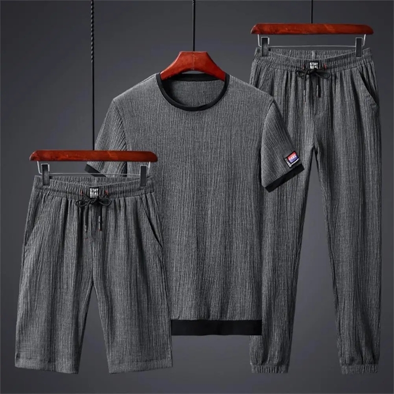 Mens 3 Piece Fashion Sports Suit Men T-shirt Shorts Trousers Ice Silk Gym Outfit Jogging Polyester Men Sportwear Set Streetwear 240819