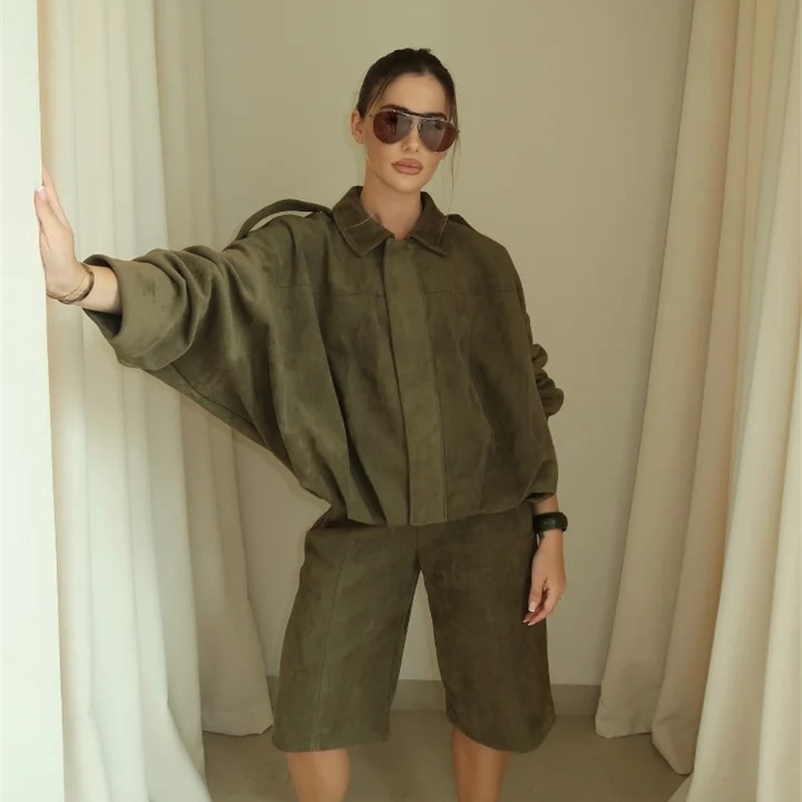 Fashion jacket shorts womens set casual loose collar button long sleeved womens jacket set 250418