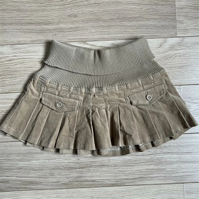Y2K Ribbed Stretchy Waistband Mini Skirt Gothic Pleated Skirt Womens Harajuku Autumn Winter Retro Apricot Black High Waist Skirt250414bj