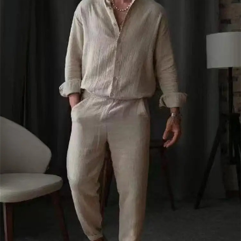 Casual Solid Color Two Piece Sets Mens Spring Fall Fashion Loose Stand Collar Cotton Shirts And Pants Outfits Vintage Men Suits 241224