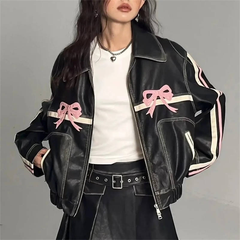 Women Vintage Lapel Collar Jackets Harajuku Bow Zipper Pu Overcoat Female Casual Tops Winter Autumn Streetwear Chic Y2k Clothes 241120