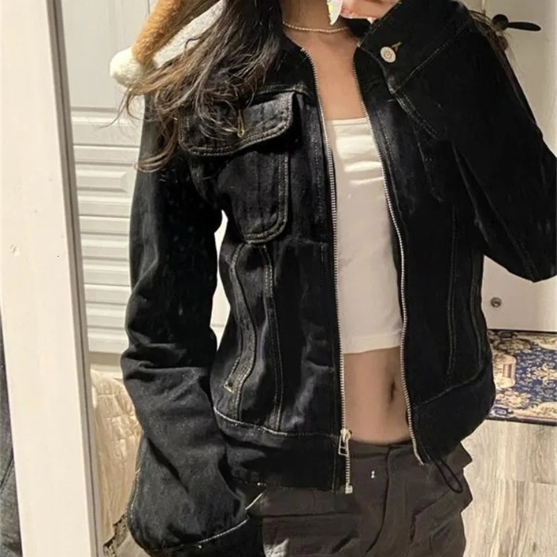 2024 Zipper Jeans Solid Coats Streetwear Fashion All Match Ins Chaquetas Mujer Women Turn Down Collar Punk Vintage Denim Jackets 241120