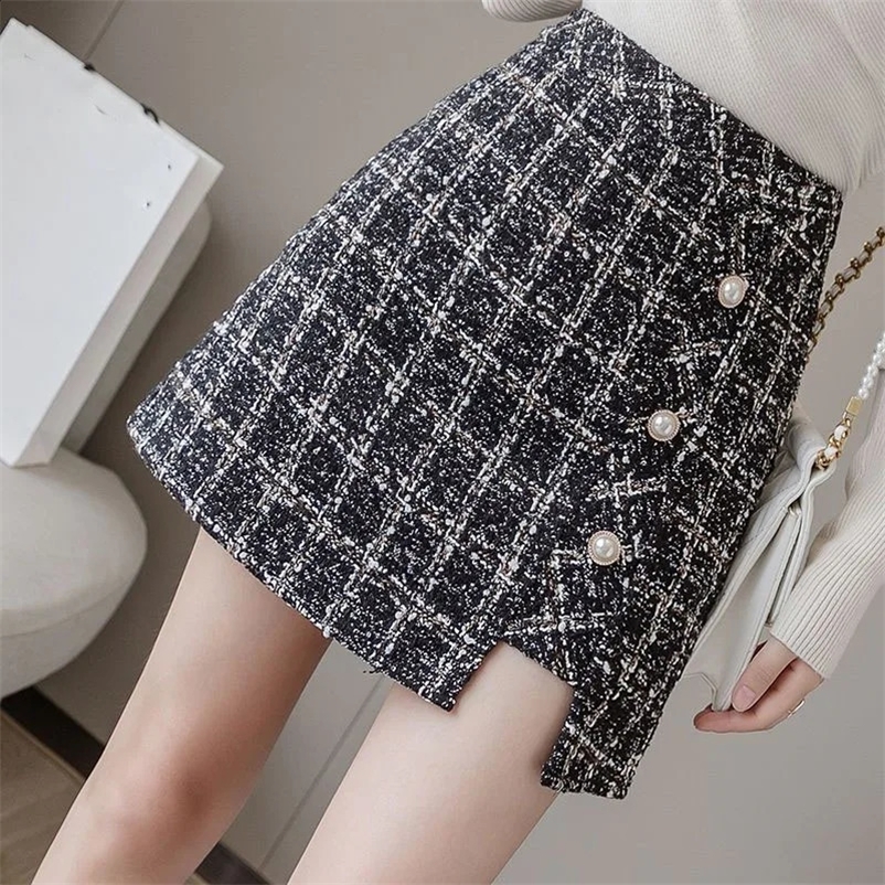 Lucys vintage plain weave tweed womens high waisted office mini womens autumn and winter thick zipper A-line wool skirt 241014bj