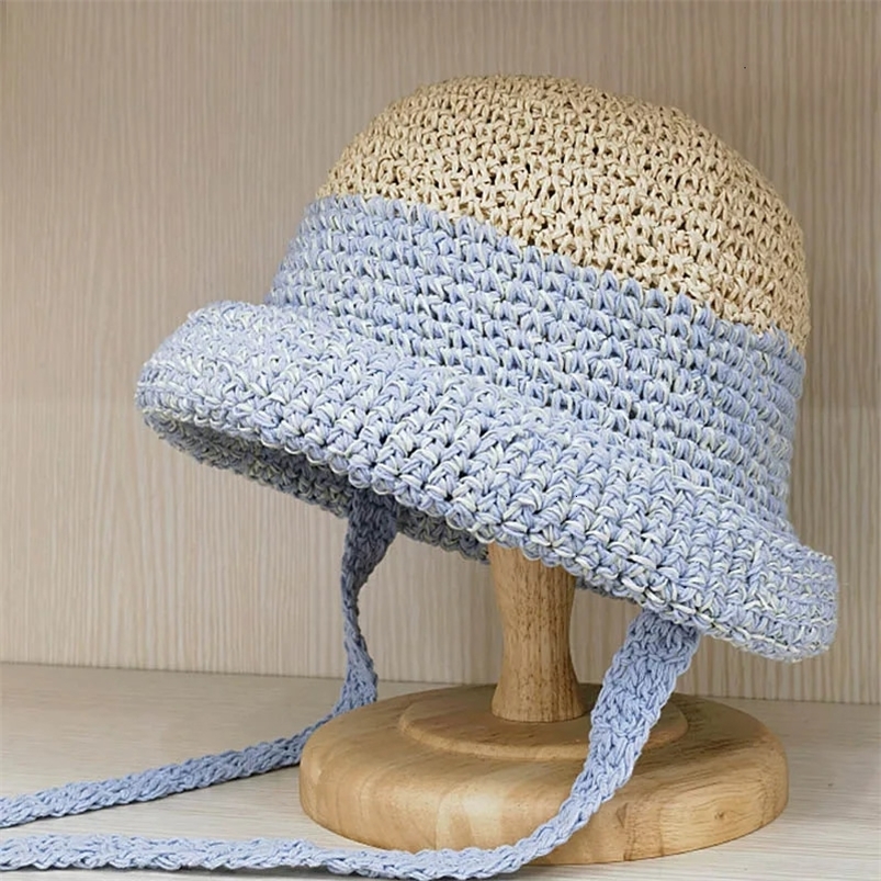 Women Summer Hat Patchwork Straw Hat Up Turn Wide Brim Sun Hats Clochet Bucket Hat with Lace Up Two Tones Dome Outdoor Beach Hat 240701