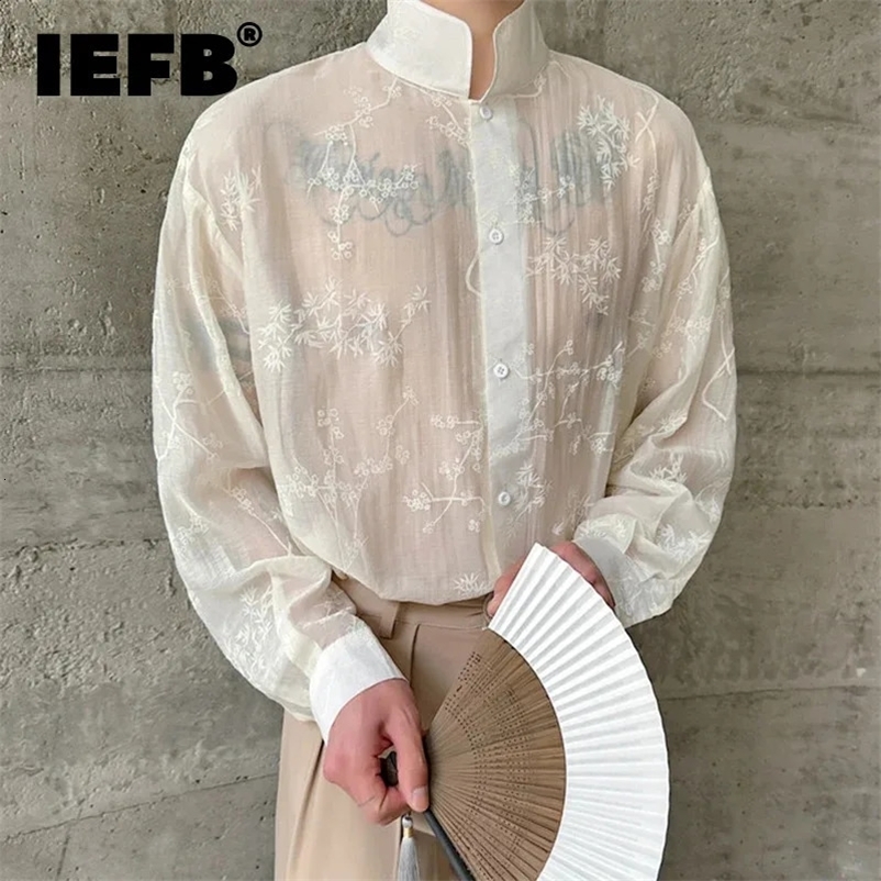 IEFB Autumn Stylish Shirt Mens Wear Micro Transparent Threedimensional Floral Stand Collar Long Sleeved Top Trend 9C7013 240827