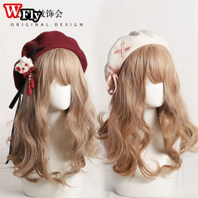 Harajuku Kawaii Lolita Beret Hat Women Girls Sweet Woolen Cute Bowknot Bear Pendant Warm Autumn Winter Painter Headdress 240603bj