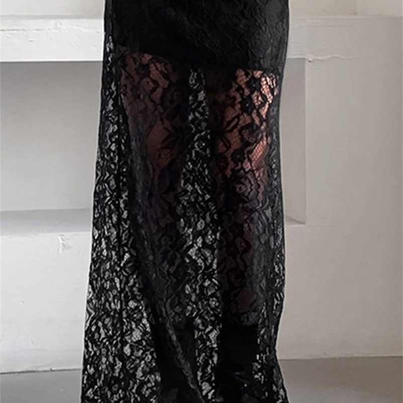 Women Lace Patchwork Long Skirts Vintage High Waist Solid Color See-Through Maxi Skirts Slim Skirts Elegant Temperament Skirts250324bj