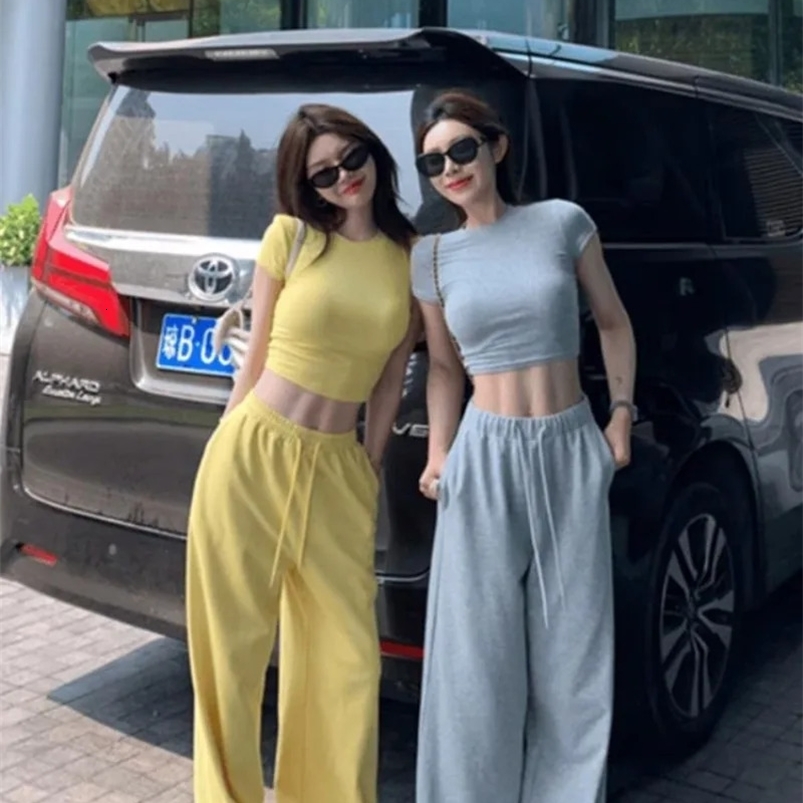 Sweet Girl Casual Suit Womens Summer Slim Fit O-neck Short-sleeved T-shirt Wide Leg Long Pants Two-piece Set Female Clothes 240820