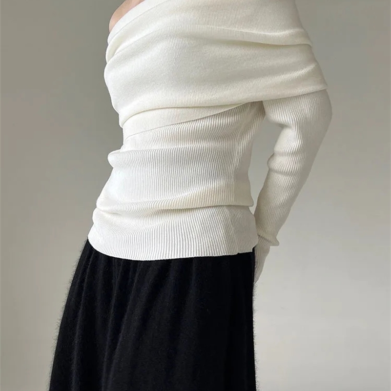 Printemps automne au large d'épaule femmes pulls élégants vintage en tricot à cavalier solide haut haut de gamme C-038 250107