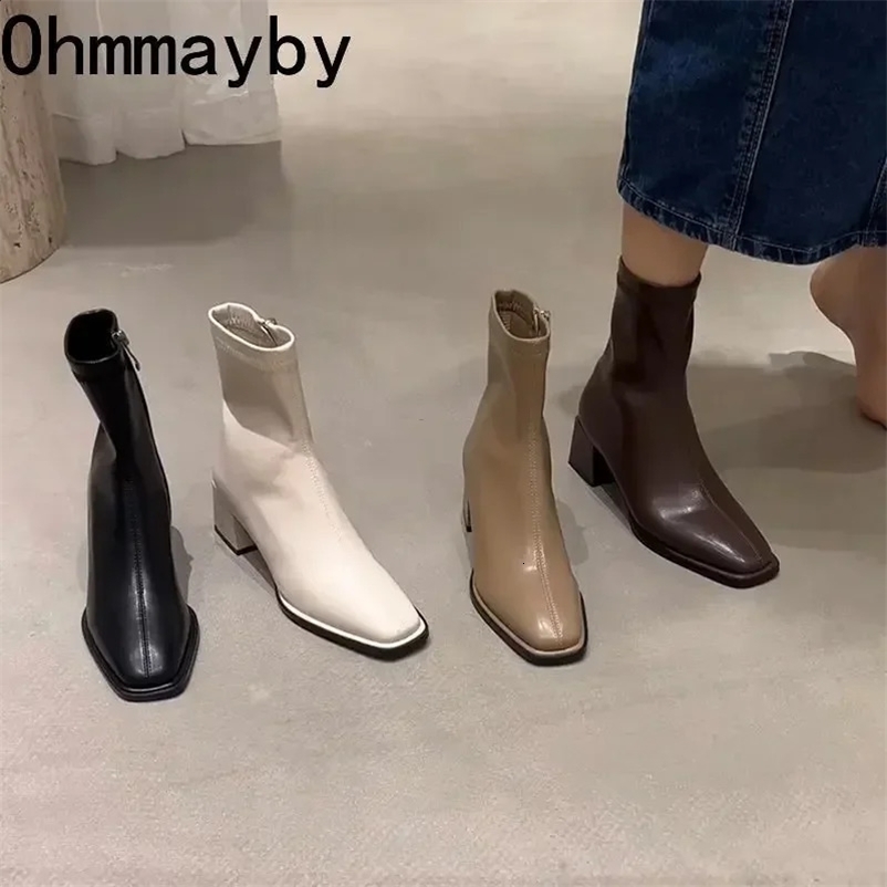 2024 Autumn Winter Heel Ankle Boot Fashion Square Toe Zipper Ladies Casual Chelsea Boots Shoes Soft Leather Short Boot 250120bj