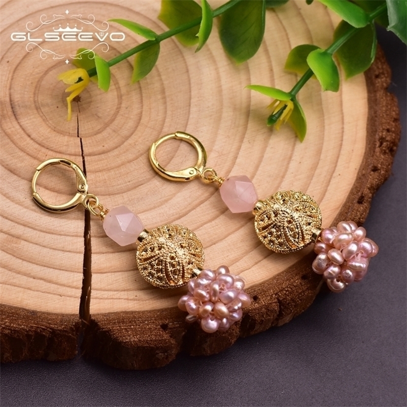 Hoop Huggie GLSEEVO Fresh Water Pink Baroque Pearl Dangle Flower Earrings For Women Girls Daughter Cute Jewellery Birthday Party GE0961B 230831bj