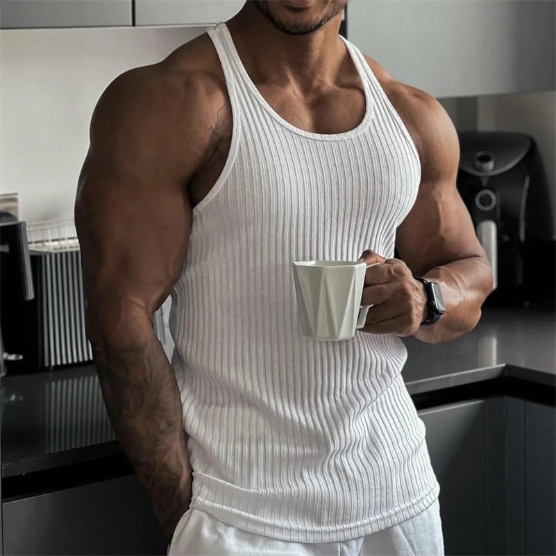 Large Size Mens Sleeveless Summer Knitted Vertical Stripe Fitness Sports Leisure Slim Mens Vest Mens L-Line Vest Mens 250319
